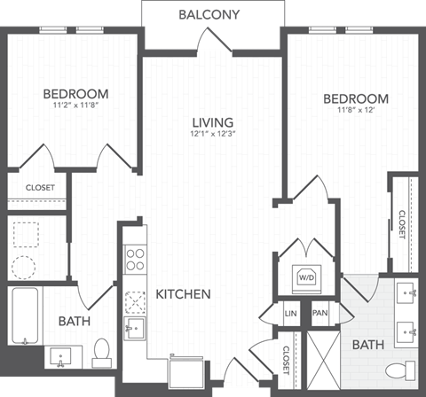 Floor plan for 2 beds, 2 baths, 1124 sqft